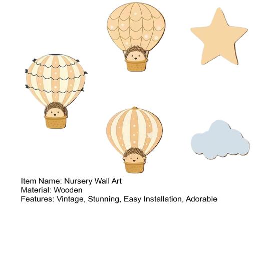 5 Pcs Hot Air Balloon Wall Decor with Cloud And Star Boho Wooden Nursery Wall Art Cartoon Hedgehog Hanging Sign for Kid's Room Playroom