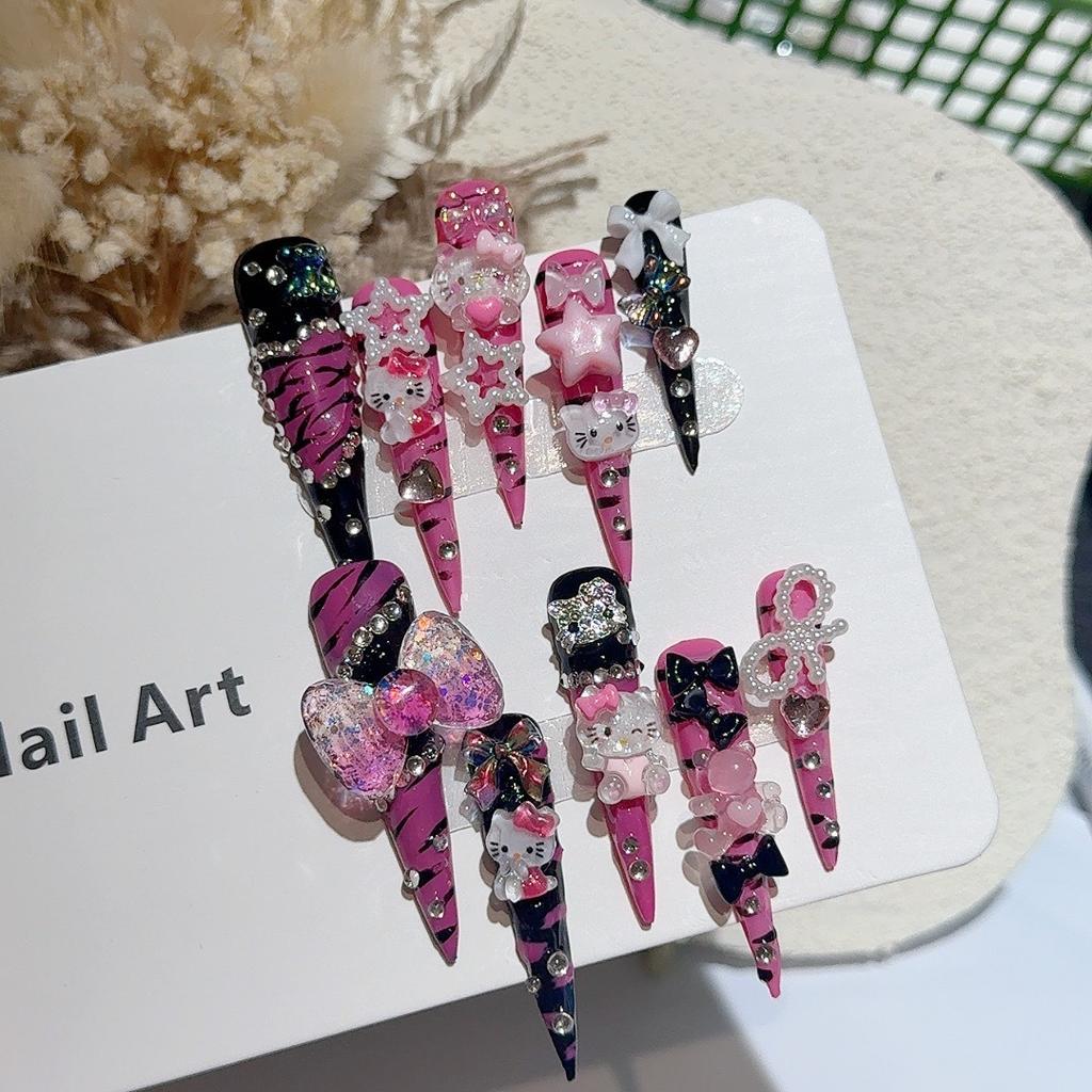 Extra-lange handbemalte Zebra-Print KT-Nägel, trendige und ausgefallene Nagelkunst im Western-Stil, handgefertigt, wiederverwendbar