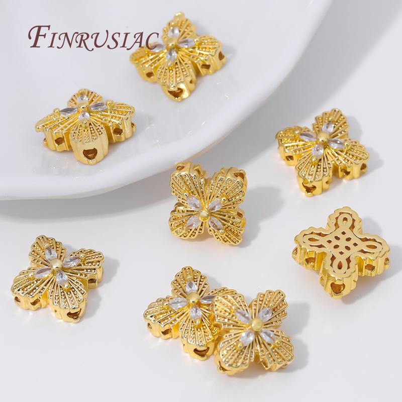 2/4pcs 18K Gold Plated Zircon Flower Beads For Creating Jewelry Making,Metal Separator Beads,DIY Bracelets Necklaces Accessories