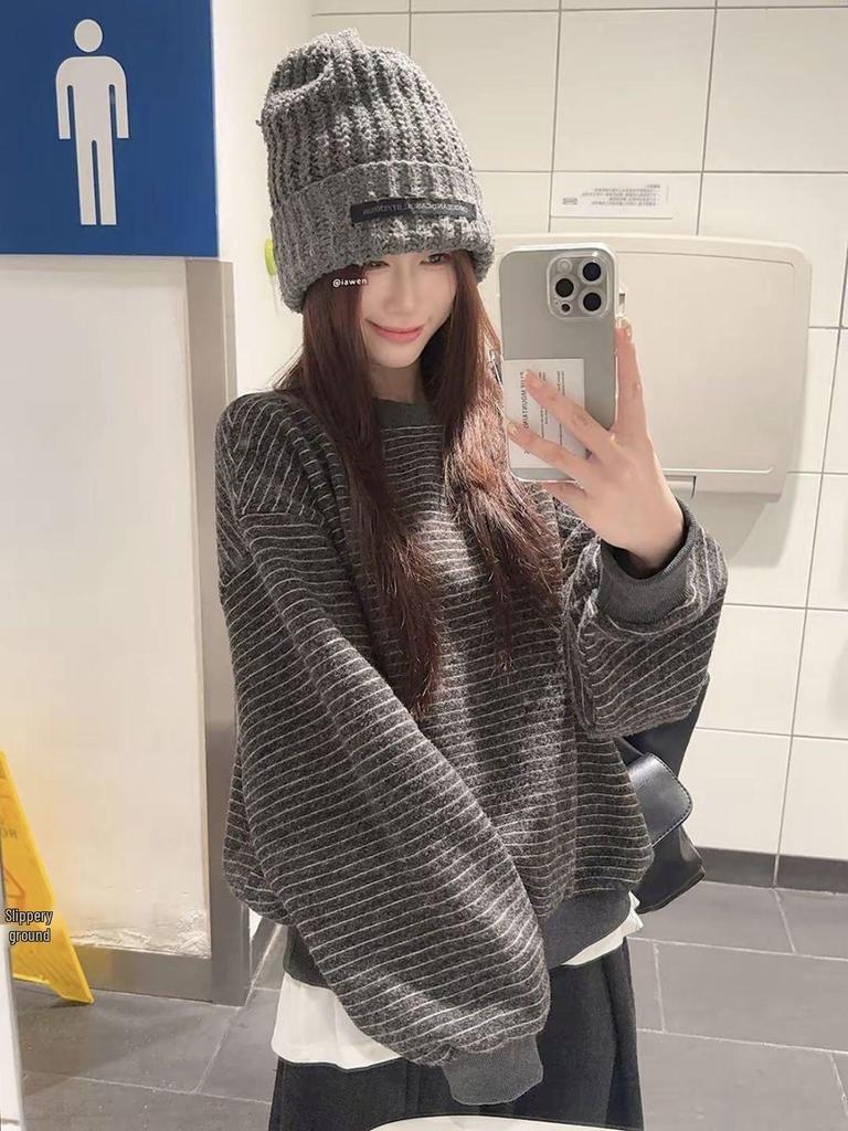 Damen Retro Gestreiftes Rundhals Langarm Sweatshirt - 2025 Koreanischer Stil Lockerer Schnitt Herbst/Winter Trend