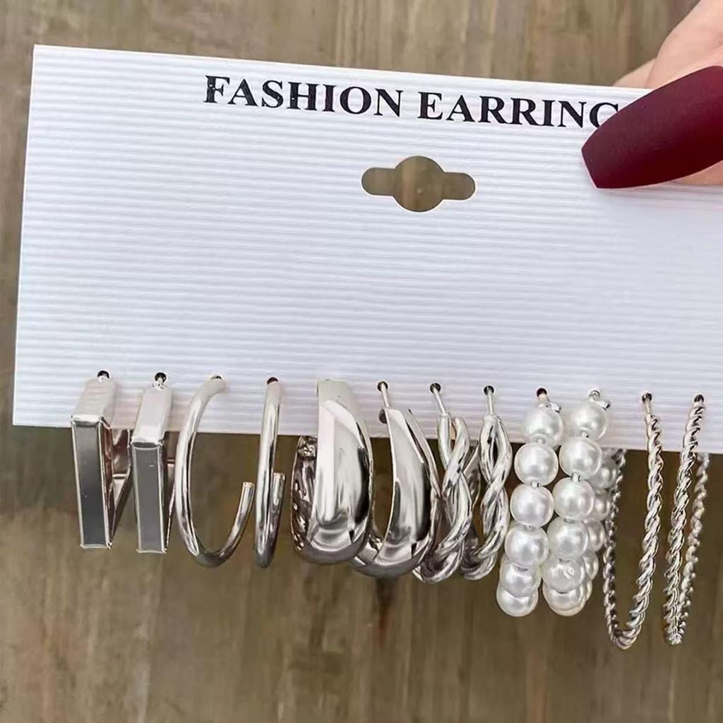 Metal Geometric Square Ear Cuff Set: Hepburn Style Six-Piece Trendy Earrings