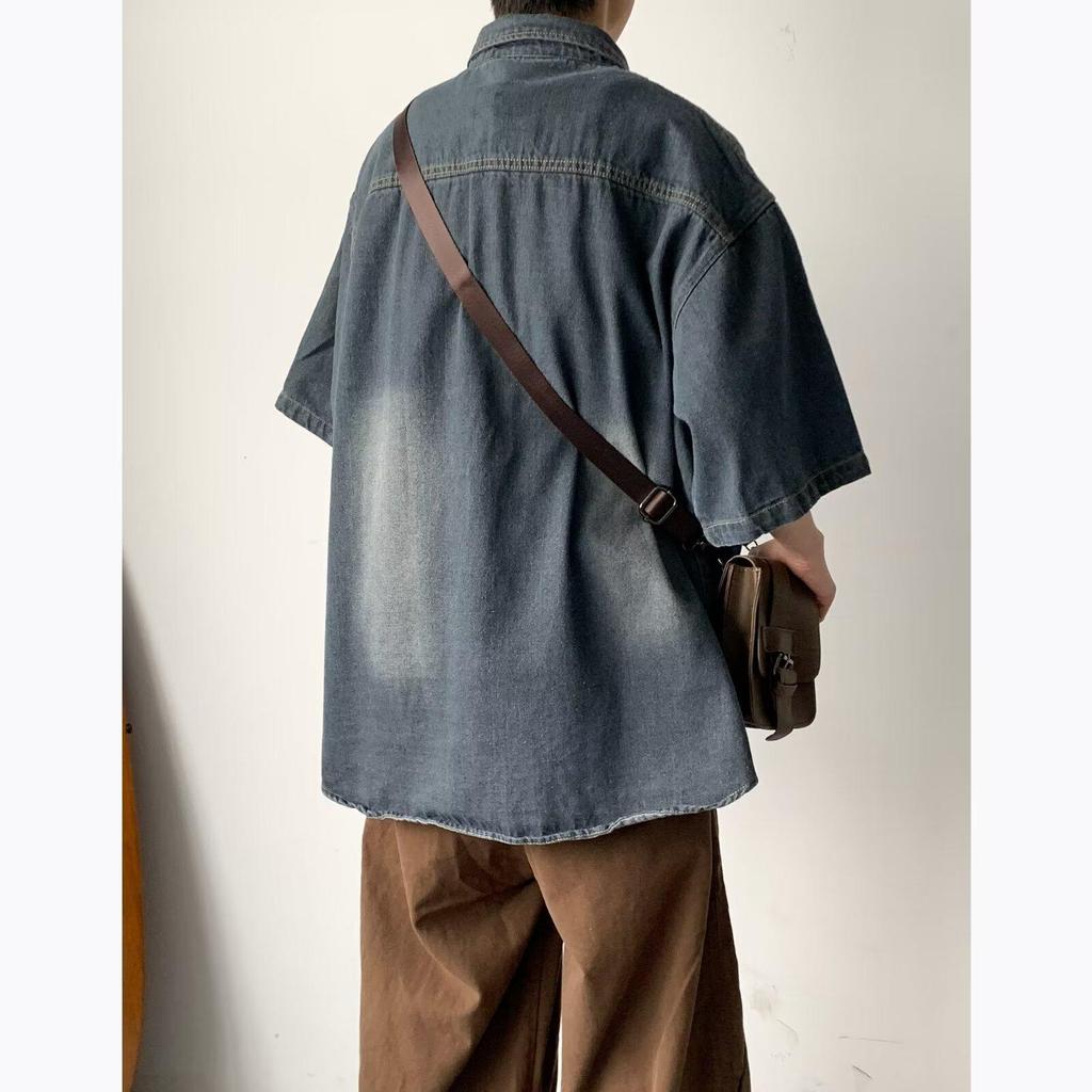 Unisex Japanese Retro Washed Denim Shirt - Short-Sleeved Distressed Summer Jacket