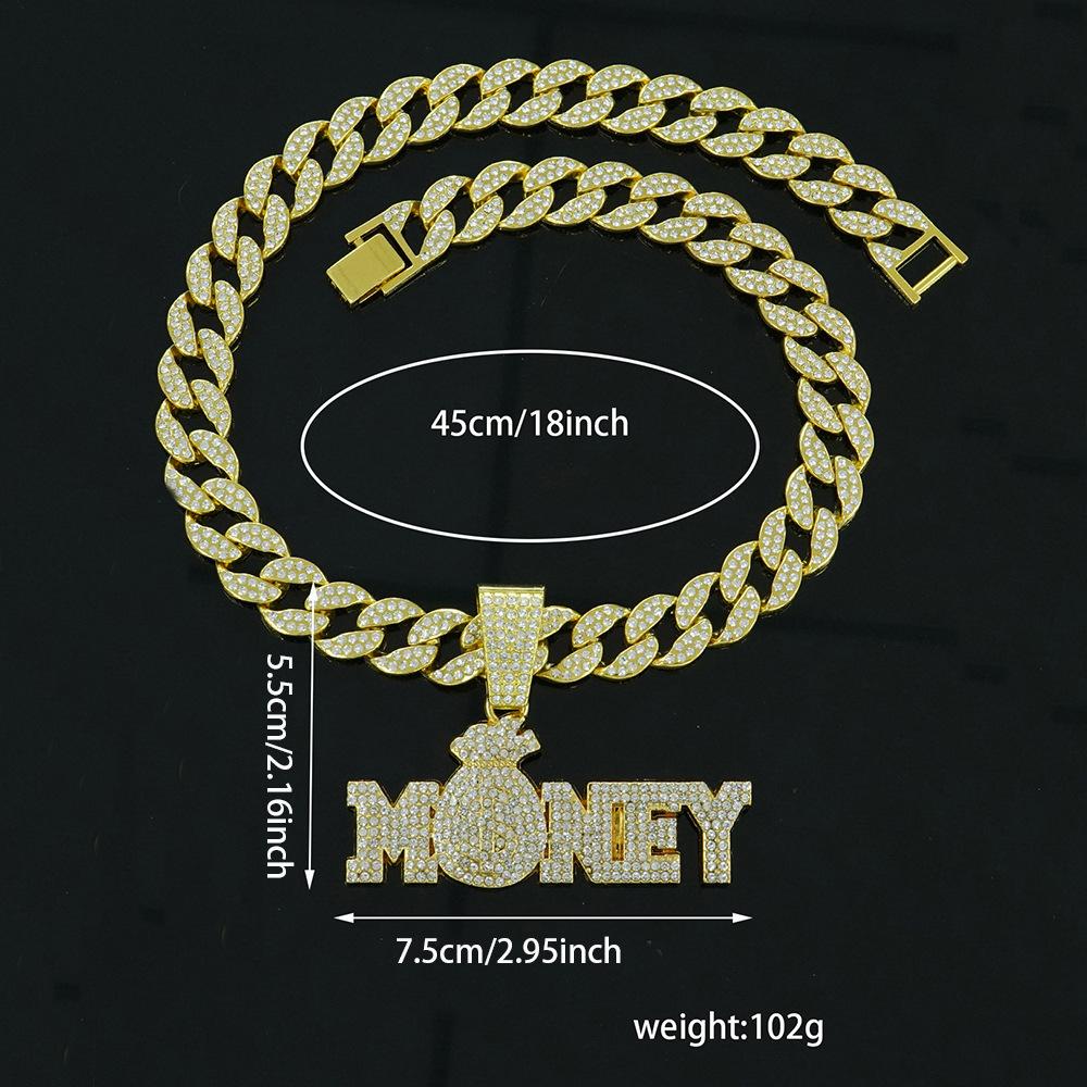 New Men's Full Diamond Chain Hip Hop Style Personalized English MONEY Pendant Necklace