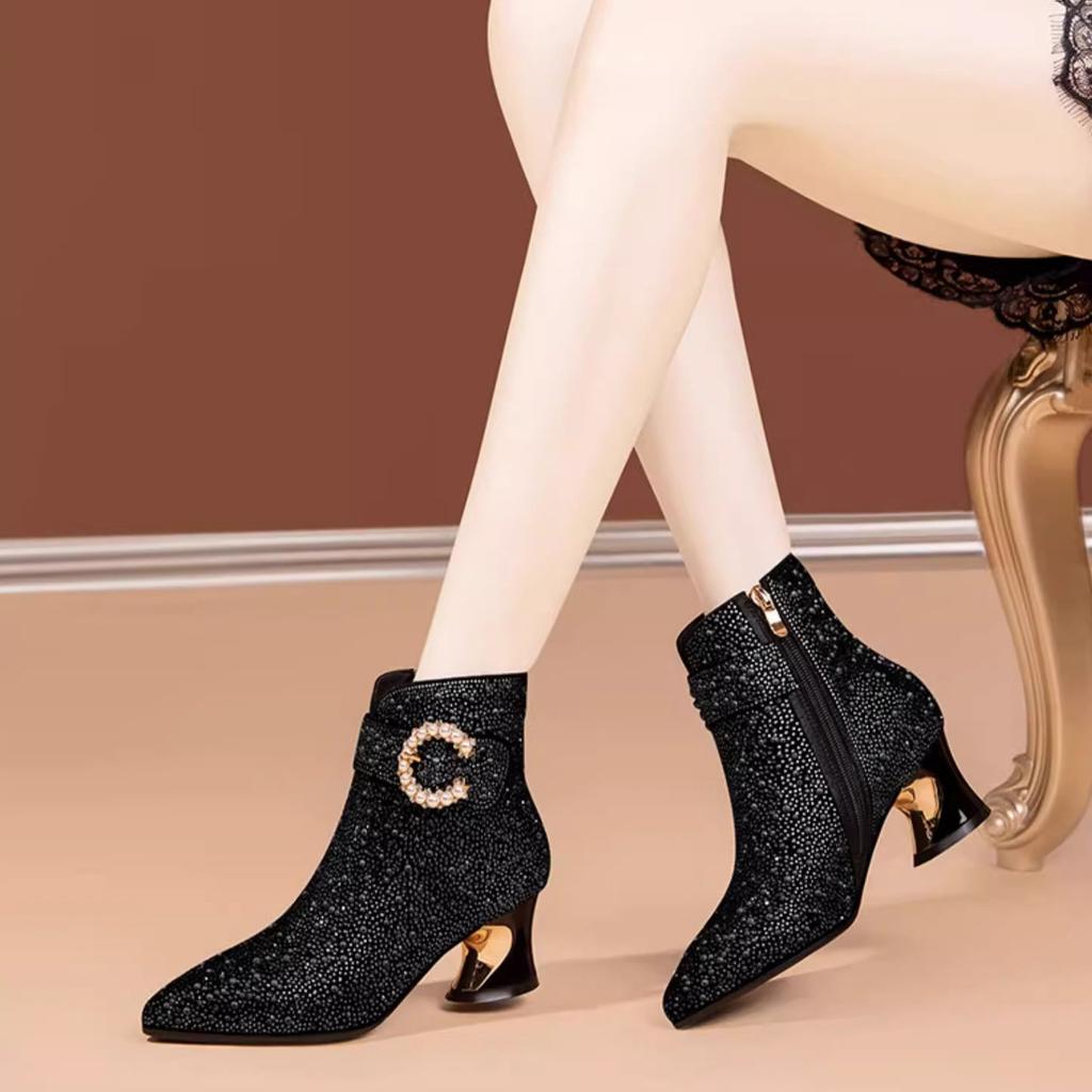 Pointed short boots women's 2025 autumn and winter new temperament socialite rhinestone thick heel women's boots high-end cheongsam fashion boots