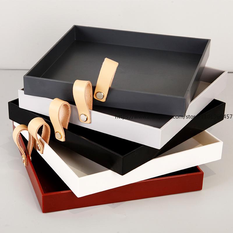 Kreatives Quadratisches PU-Ledergriff-Tablett Wohnzimmer Eingang Kosmetik Kleinkram Kleinartikel Desktop-Aufbewahrungstablett