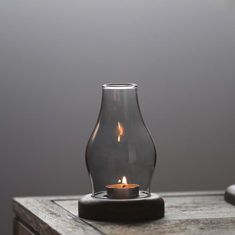 Genomskinlig Glas Ljusstake med Träbas Retro Vindtät Värmeljushållare Minimalistisk Rustik Boho Skandinavisk Heminredning
