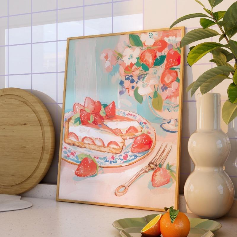 Pastel Strawberry Basket Watercolor Poster Cake Desserts Canvas Painting Trendy Wall Art Girly Kitchen Room Home Decor Mural