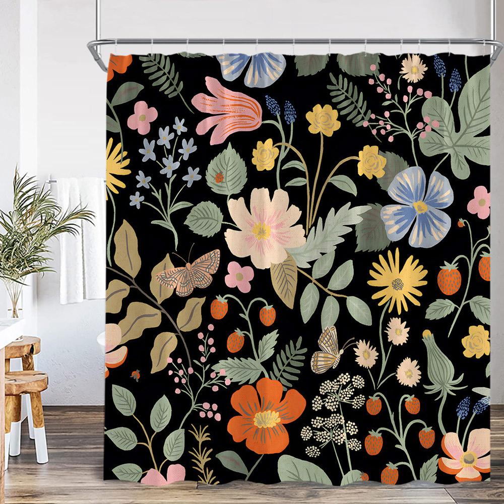 Boho Floral Shower Curtain Vinatge Colorful Flower Green Leaves Plant Spring Summer Bathroom Decor Retro Bath Curtain with Hooks