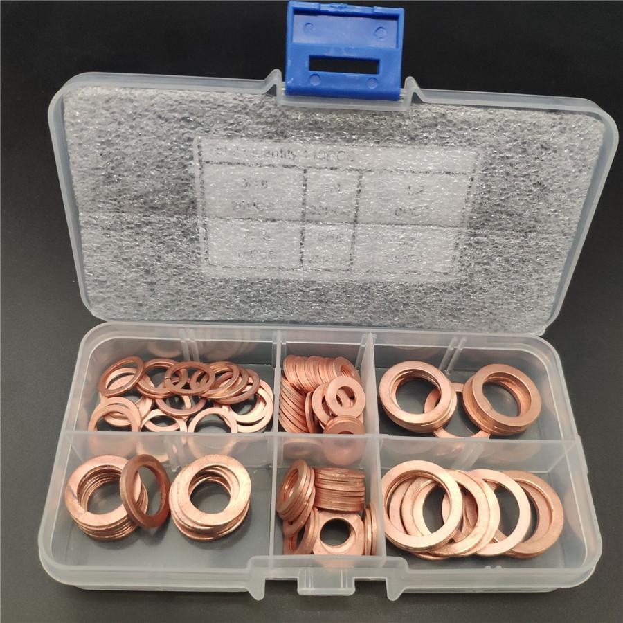 110pcs 1/4"-5/8" Engine Oil Drain Copper Ring Gaskets Flat Washer Set Seal Assortment Kit with Box