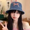 Tide Brand Bow Embroidery Denim Fisherman Hat Children Spring and Summer Outdoor Wide Brim UV Protection Hat Sun Hat