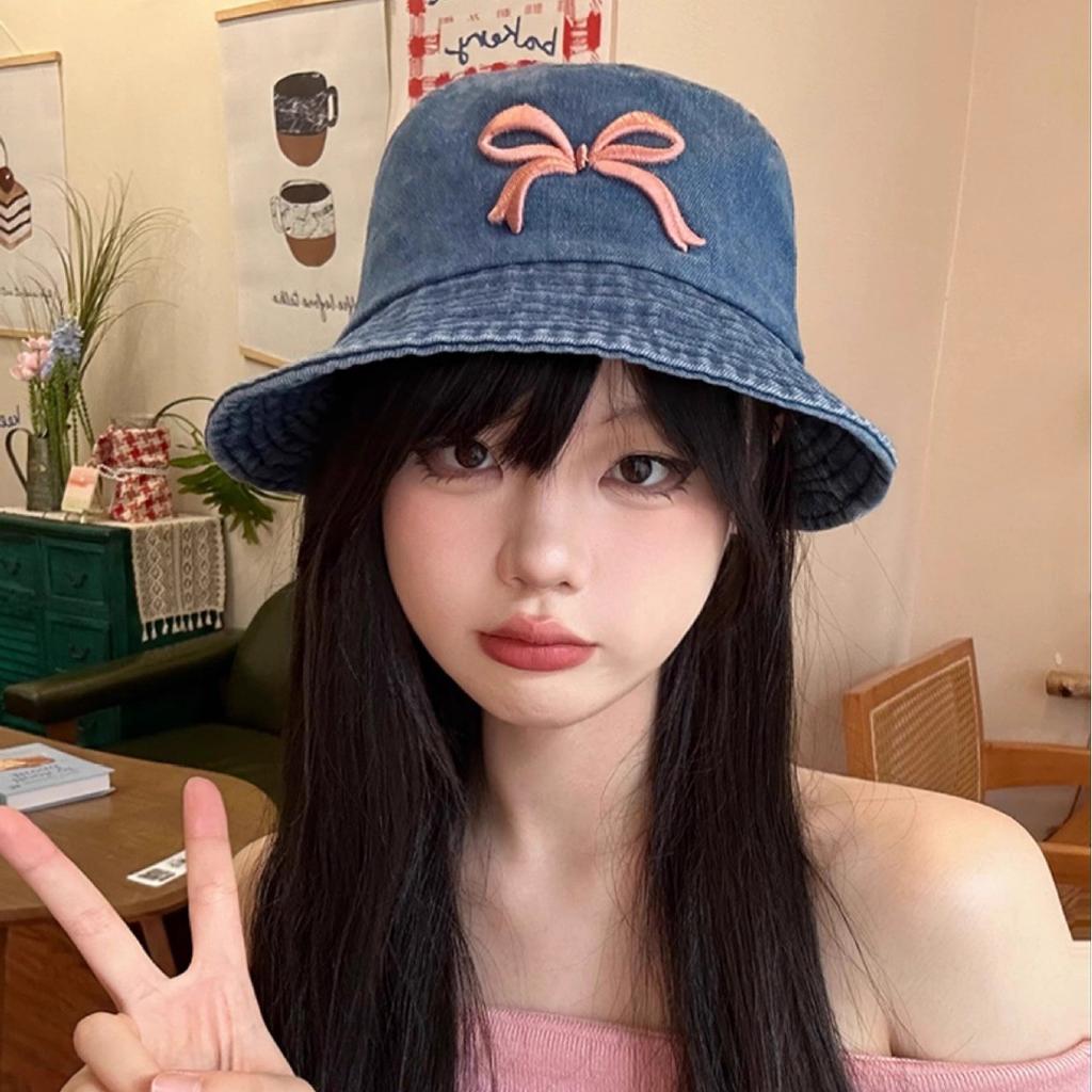 Tide Brand Bow Embroidery Denim Fisherman Hat Children Spring and Summer Outdoor Wide Brim UV Protection Hat Sun Hat