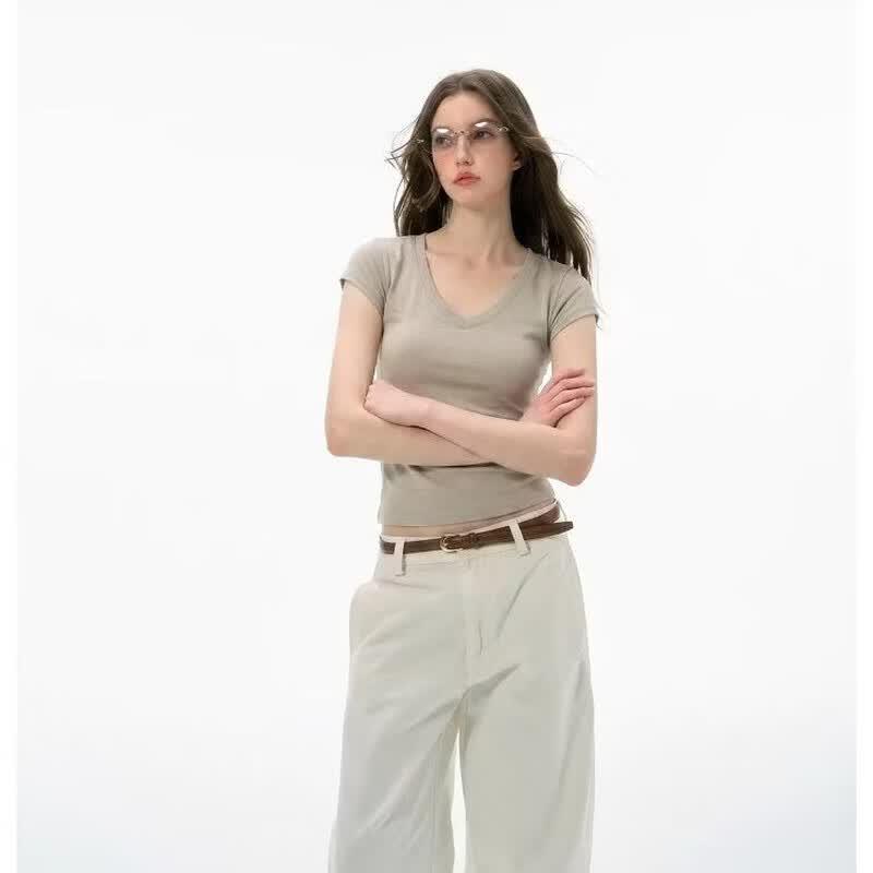 ICH MODE Women s V-Neck Slim Fit Short Sleeve T-Shirt L