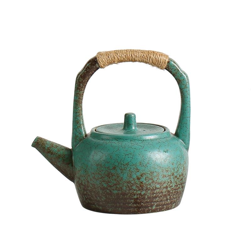 Rope Handle Ceramic Teapot Retro Style Gongfu Teapot Natural Jute Rope & Pottery No-Scald Design Daily Brewing Companion