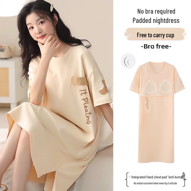 Mao Ren Women s Short-Sleeve Cotton Nightdress with Chest Pads 2XL
