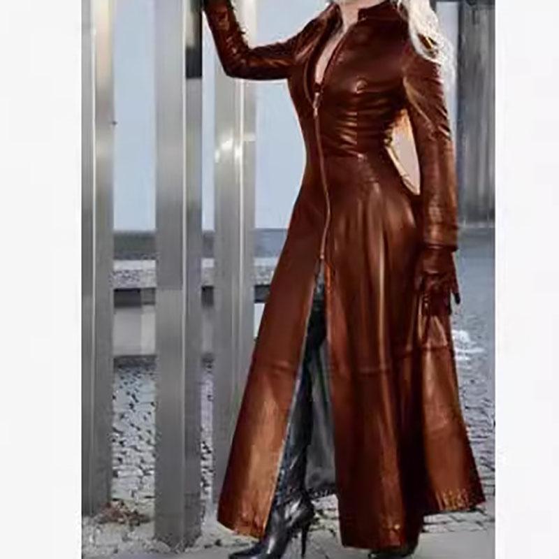 Women's Slim-Fit Zipper Split Large Coat Autumn Winter Faux Leather Trench Coat Women's Long Sleeve Stand Collar PU Trench Coat