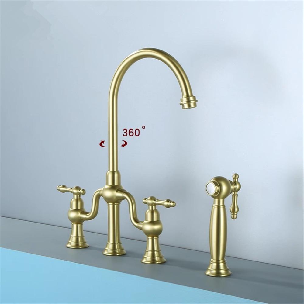 Tuqiu Brushed Gold Kitchen Faucet with Hand shower Head Black Pot Filler Tap Deck Mounted Hot Cold Black Sink Tap Spout Brass