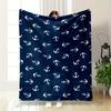 Nautical Navy Warm Blanket with White Anchor Pattern Flannel Blanket for Bedroom, Living Room, Sofa, and Nap.