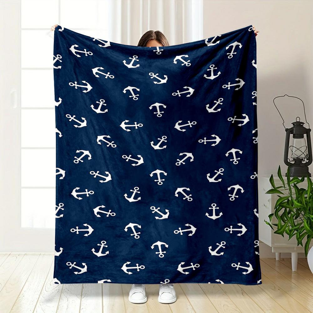 Nautical Navy Warm Blanket with White Anchor Pattern Flannel Blanket for Bedroom, Living Room, Sofa, and Nap.