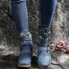 Large size printed metal buckle fashion boots autumn and winter new thick-soled round head going out women's boots