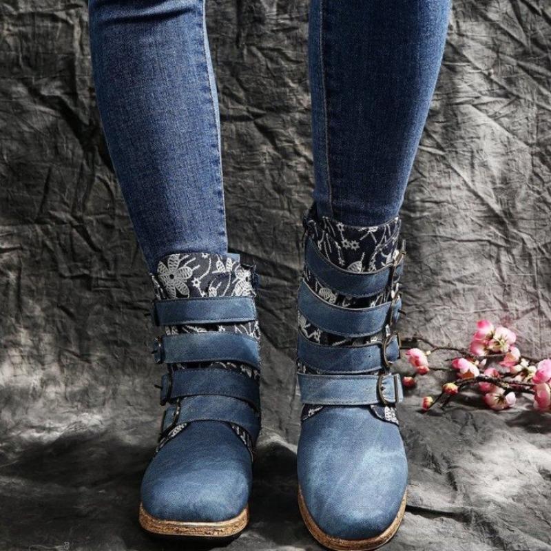 Large size printed metal buckle fashion boots autumn and winter new thick-soled round head going out women's boots