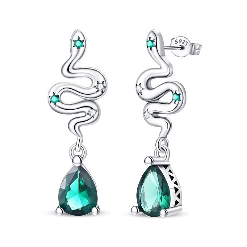 Snake Earrings 925 Silver Green Zircon Mysterious Spirit Snake Ear Studs For Women Formal Anniversary Birthday Party Jewelry