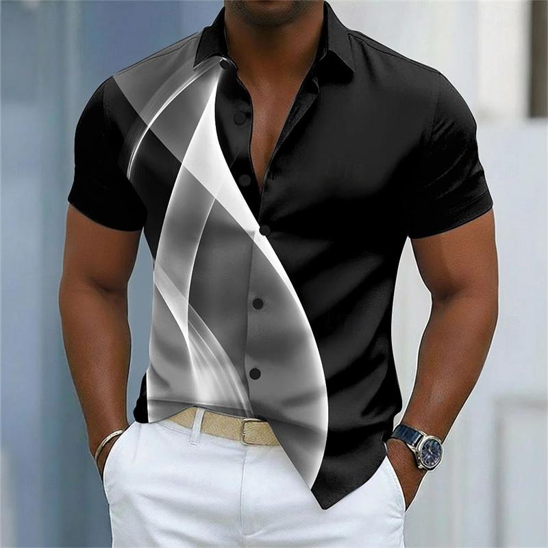 Nuova Camicia da Uomo a Maniche Corte Stampa a Righe Curve Bianche e Blu Vestibilità Business Casual Collo a Revers Camicia da Uomo