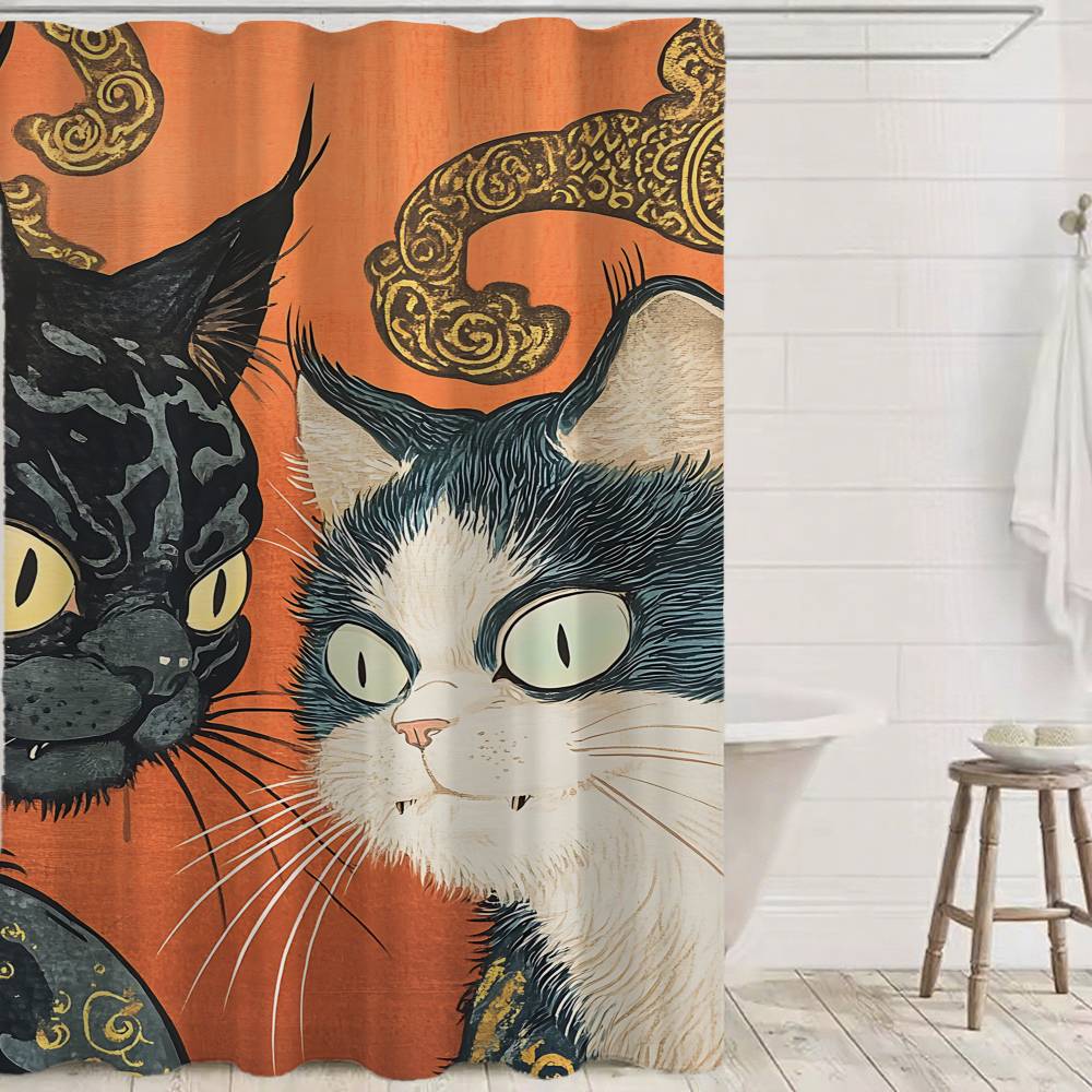 Japanese Cat Classic Vintage 1pc Pattern Shower Curtain Plus Hooks Waterproof Machine Washable Polyester Fabric Abstract
