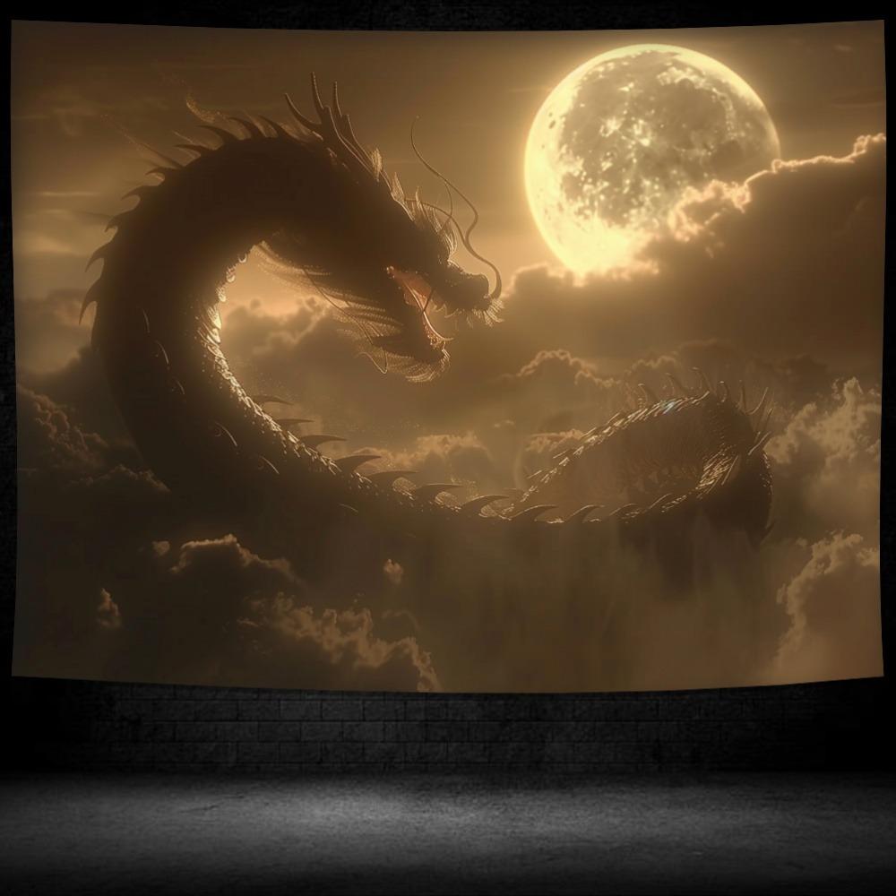 Mythical Dragon Under Full Moon Tapestry: Dramatic Night Sky-Themed Wall Hanging for Home Decor