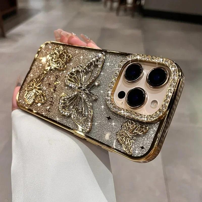 Plating Women Girl's Diamond Butterfly Phone Case for iPhone 17 16 11 12 13 14 15 Pro Max Plus Transparent Soft Silicone Cover