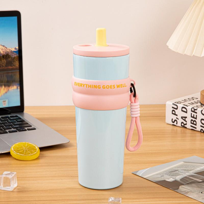 Large Capacity Insulated Stainless Steel Tumbler With Handle Straw Lid 700-710ml Car Office Travel