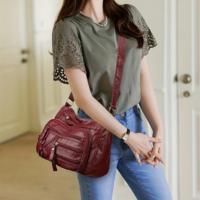 Elegante bolso bandolera retro de color sólido: Piel sintética suave, bolsillos con múltiples cremalleras para la mujer moderna