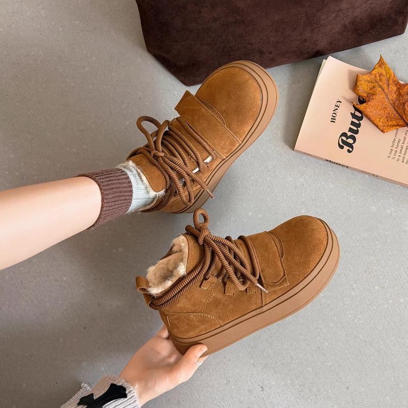 Leather Thick-soled Snow Boots Women's 2025 Winter New Velvet Thickened Thermal Lace-up Cotton Boots Heightening Casual Short Boots