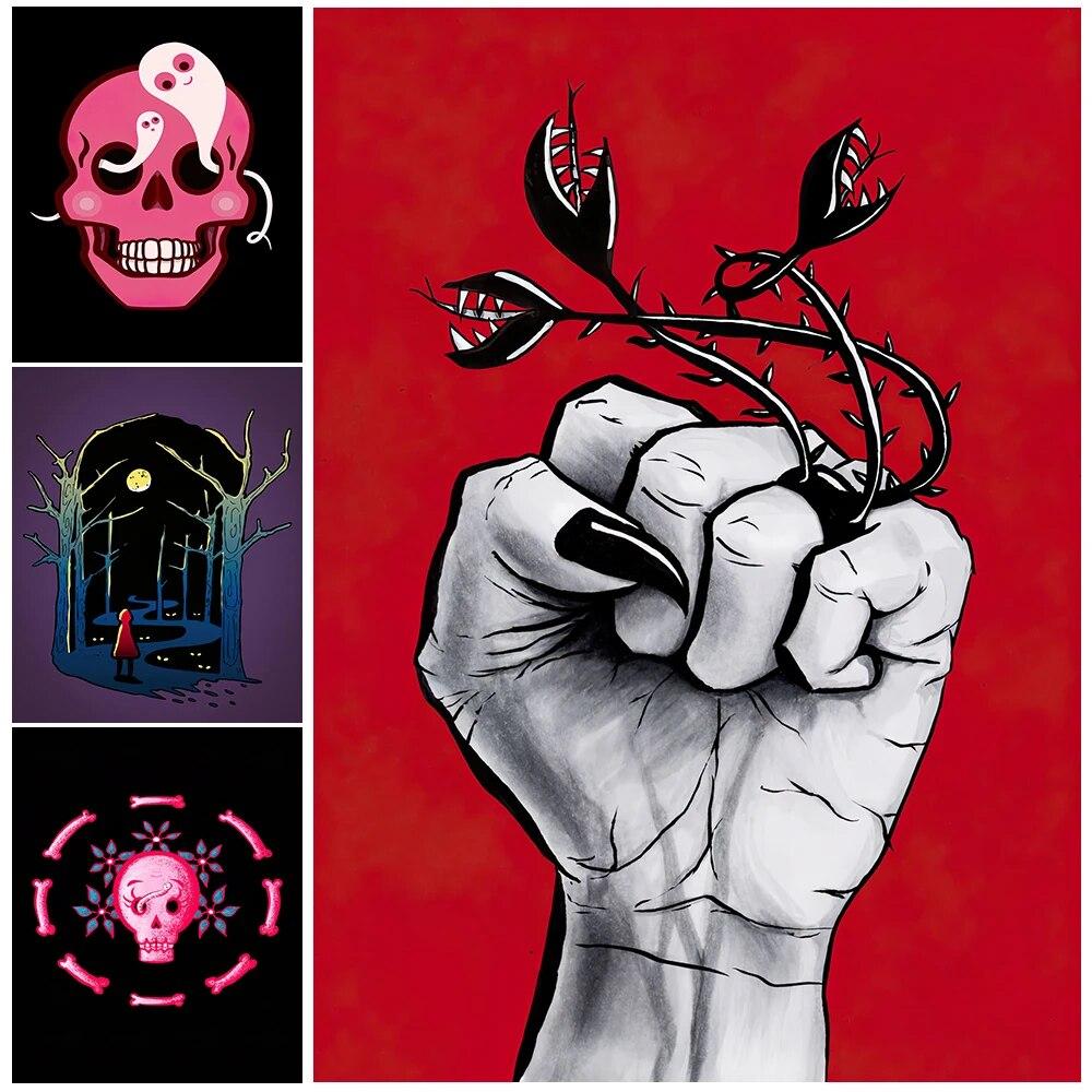 

Рука ведьмы и кольцо монстра, абстрактная настенная живопись на холсте, милый череп с призраками, художественный постер и принт, домашний декор без рамки