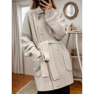 Tooxika Women's Autumn And Winter New Retro Mid-length Solid Color Cardigan Lace-up Sweater Coat
