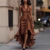 Women's Black Deep V Halter Satin Evening Gown with Asymmetrical Hem and High Slit