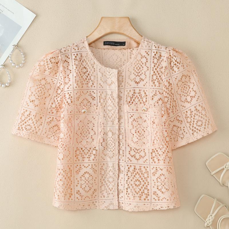ZANZEA Womens Summer Hollow Out Crochet Short Sleeve Cardigan Blouse