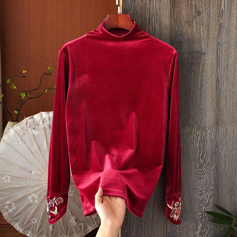 Golden velvet semi-turtleneck autumn and winter bottoming shirt with foreign style long sleeves inside and outside, exquisite embroidery splicing wome