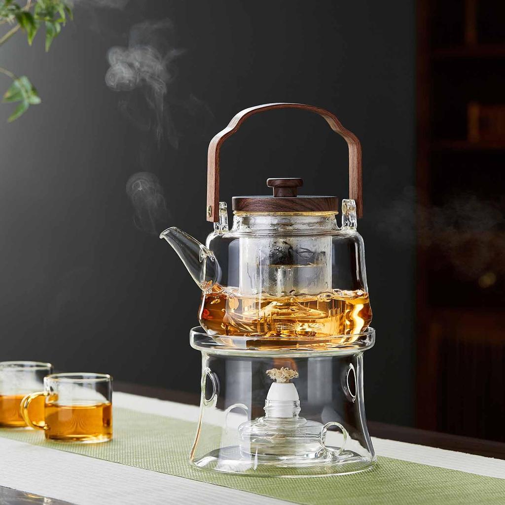 Pokaro Tea Heat-Resistant Glass Teapot, 1090ml, for Steamed and Boiled Tea, Transparent Design with Wooden Handle and Glass Tea Strainer,