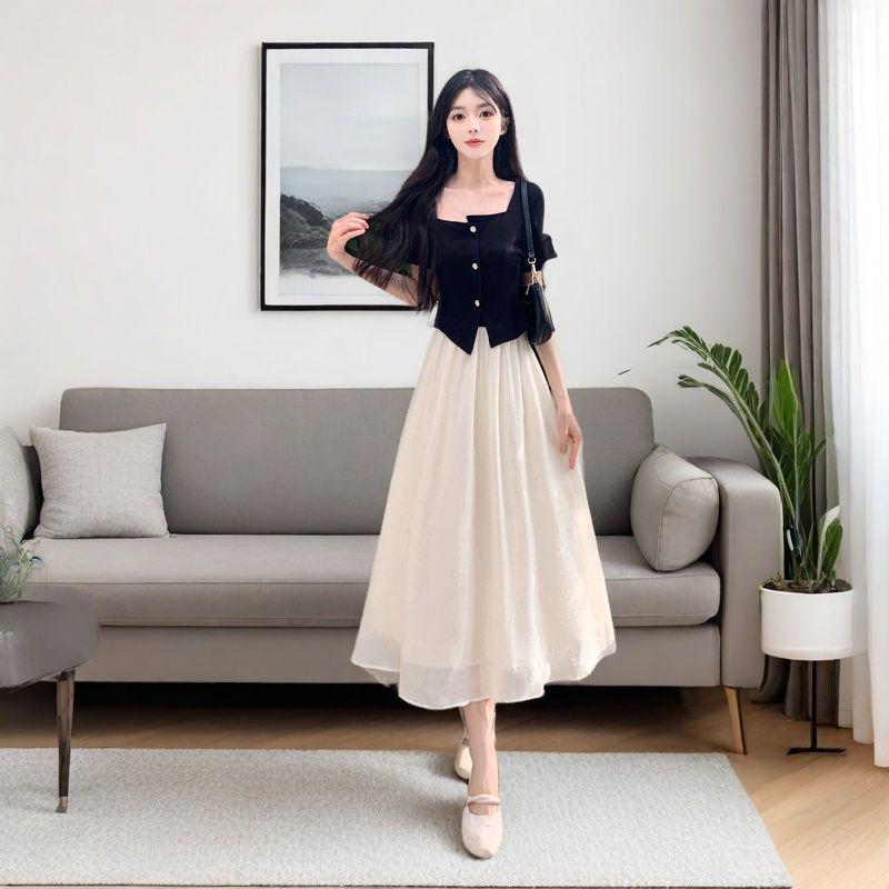 

Two-Piece Style Korean Sweet Summer Dress: Slimming, Plus Size Waist-Tightening Long Skirt XL (recommended for under 60kg)