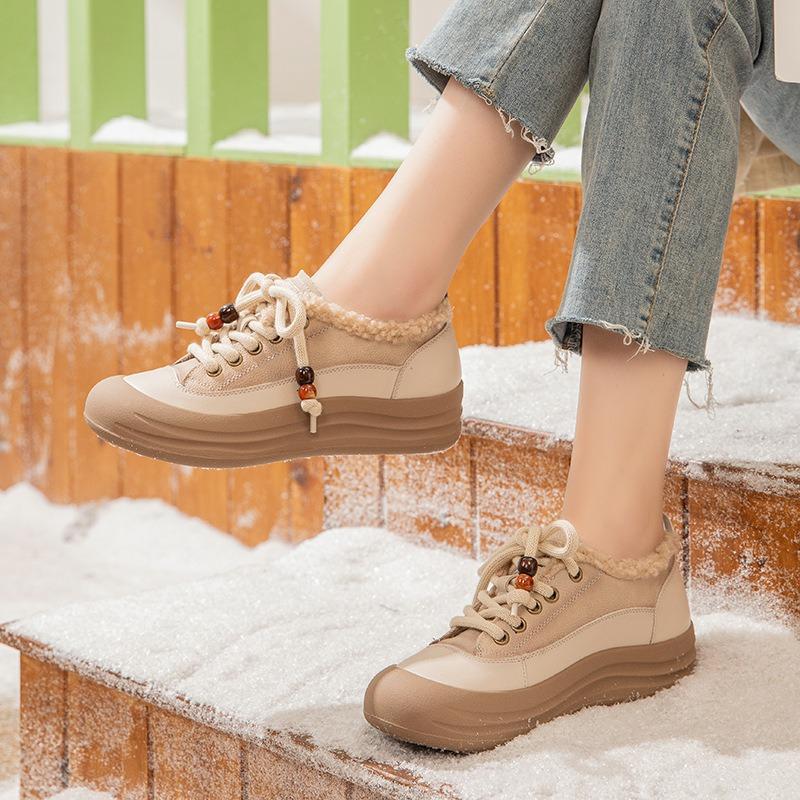 Retro Lederschuhe Herbst und Winter Samt warm flacher Absatz weiche Sohle runde Zehe lässige Damenschuhe Schnürung flauschige einzelne Schuhe Damen