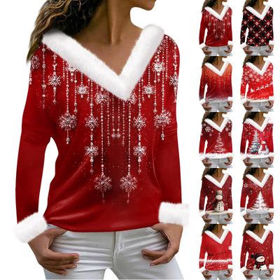 Women's T Shirt Tee Christmas Shirt Long Sleeve Party Christmas Print Fleece Collar V Neck Top
