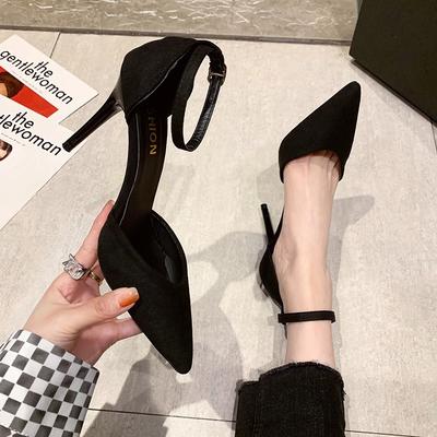 Versatile Fashion One-word Buckle Single Shoes New Spring and Autumn High Heels Women's Pointed Black Thin Heels Professional Women's Trend