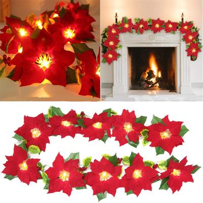 6Ft Lighted Poinsettia Christmas Garland Red Berries Holly Leaves Pre Lit Velvet Artificial Decoration Battery Operated