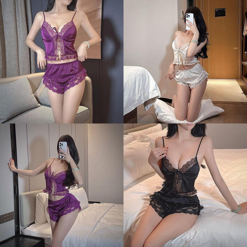 Satin Lingerie Set With Lace Ice Silk Strap Sleepwear For Women