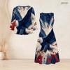 Women Plus Size Two Piece Dress Set Tie Neck Three Quarter Sleeve Firework Printed Dark Blue Long Dress