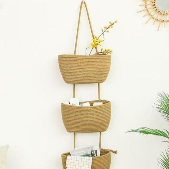 Rope Woven Storage Basket Boho Foldable Washable Hanging Baskets Multi-Tier Wall Mounted Organizer for Kitchen Produce Nursery Decor