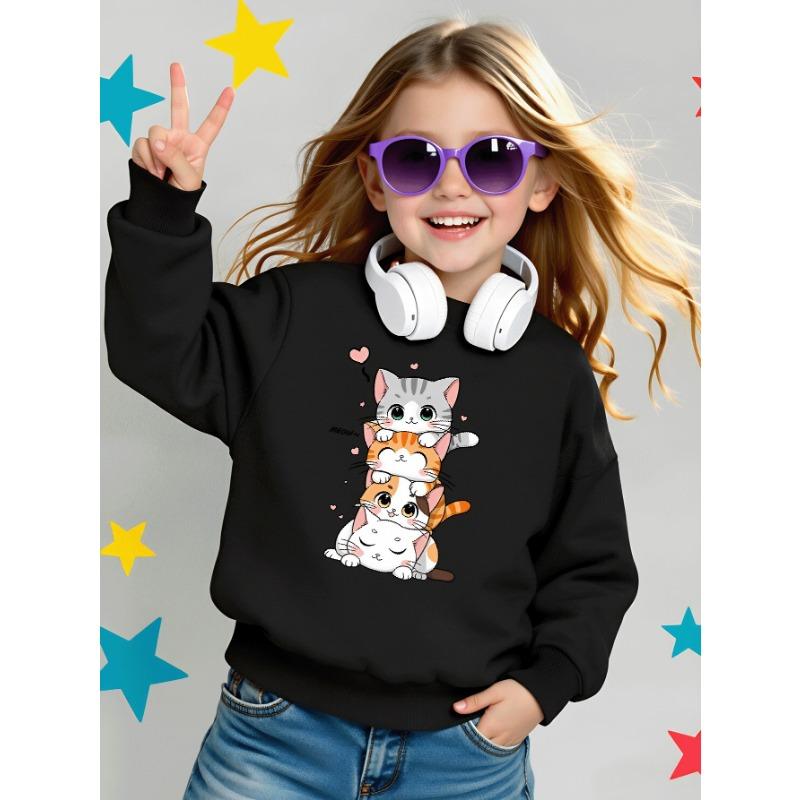 European sizes Girls' Long-Sleeve Round Neck Sweatshirt "Cute Cat Stack" Print, Spring/Autumn, Casual, Daily & Sports.
