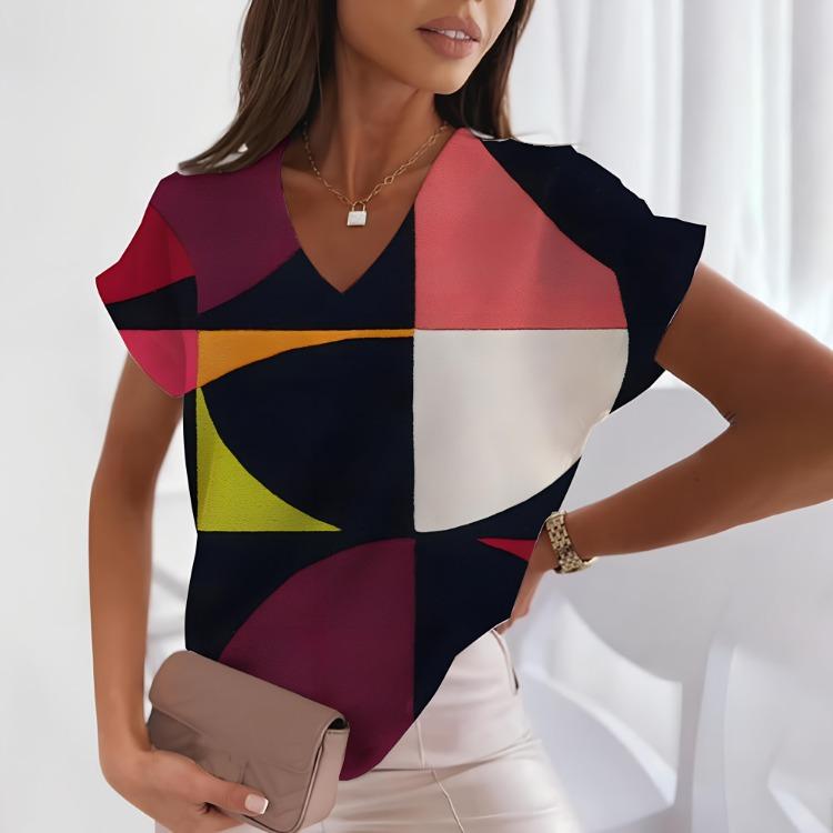 Women's Fashion Loose Harajuku Style Tiny Spot Print V-neck Short Sleeve Pullover Top Casual Tee For Ladies