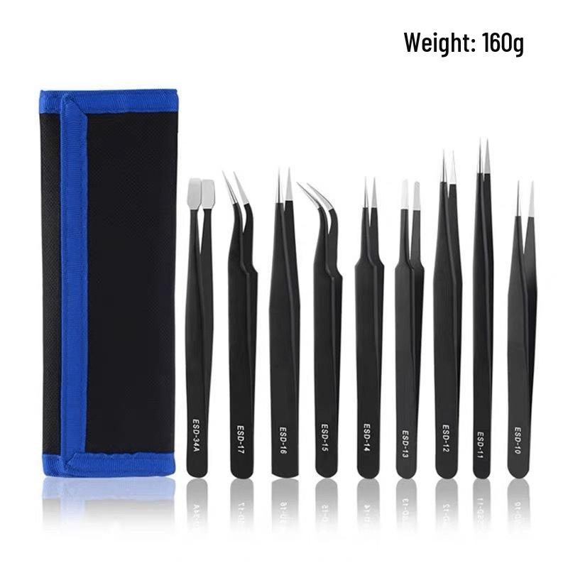 Black Anti-static Stainless Steel Bent Tip Tweezers Set for Nail Art, Journaling, and Household Use