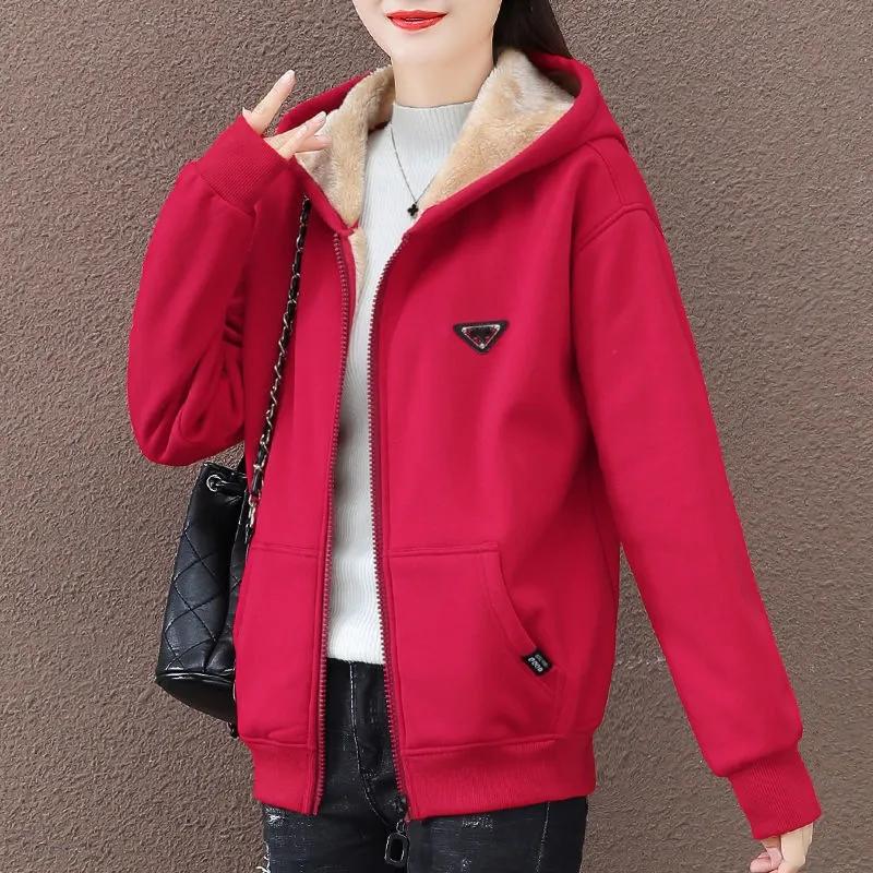 Winter Warm Casual Zip Up Fleece Hooded Faux Lambswool Lined Sweatshirt Women Loose Thick Long Sleeve Hoodies Tops